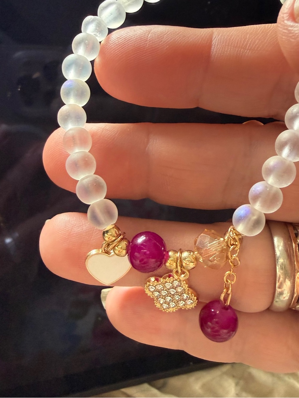 Charm Bracelet with cranberry and White Frosted Beads